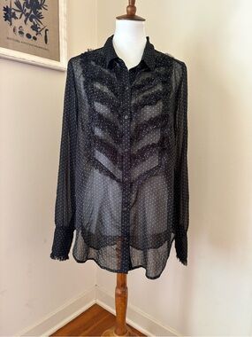 Free People Sheer Black Polka Dot Ruffle Button-Up Blouse